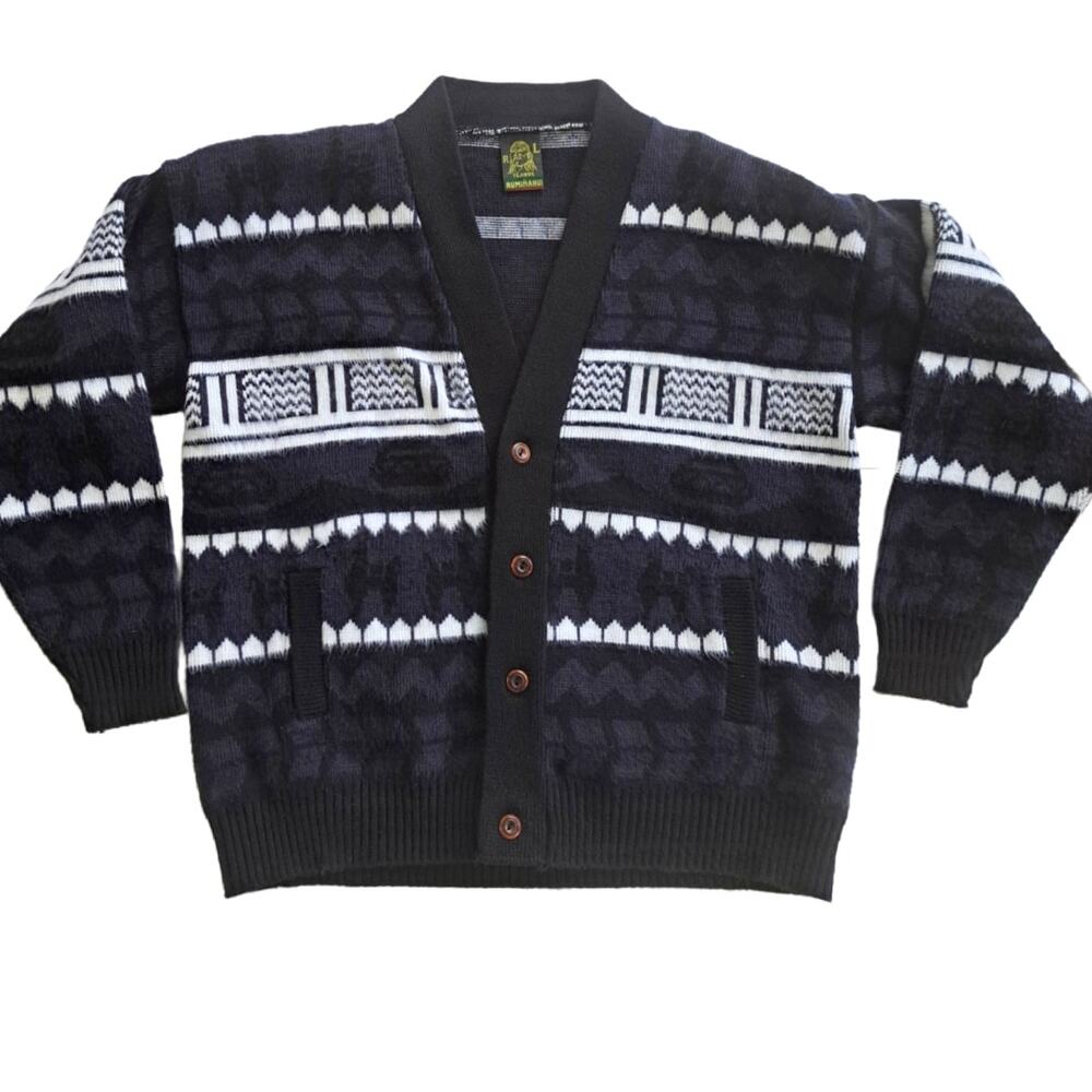 TEJIDOS RUMINAHUI Men's Southwest V-neck Cardigan Sweater Black Gray